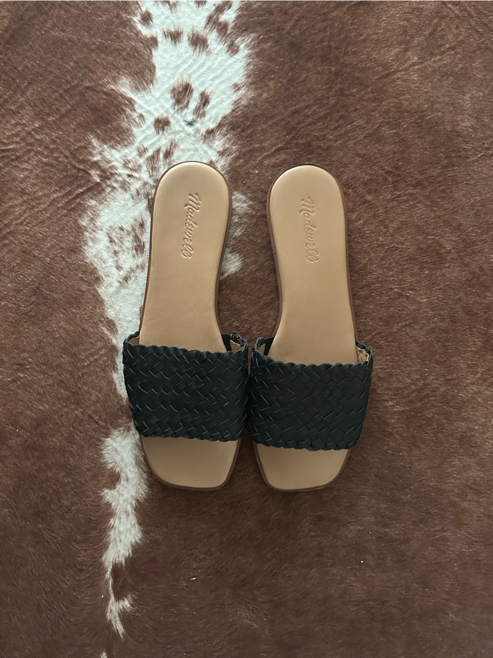 Madewell Black Woven Slide Sandals with Tan Footbed
